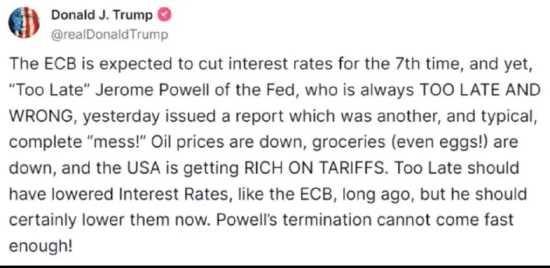 一周外盘头条|特朗普：鲍威尔“越早走人越好” 金价再创新高 4000美元可期？ 黄仁勋：中国市场至关重要  第2张