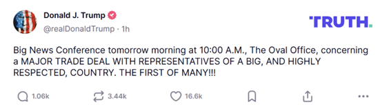 锁定今晚10点!特朗普预告:将宣布与某大国的 “重大贸易协议” 第1张 锁定今晚10点!特朗普预告:将宣布与某大国的 “重大贸易协议” 第1张
