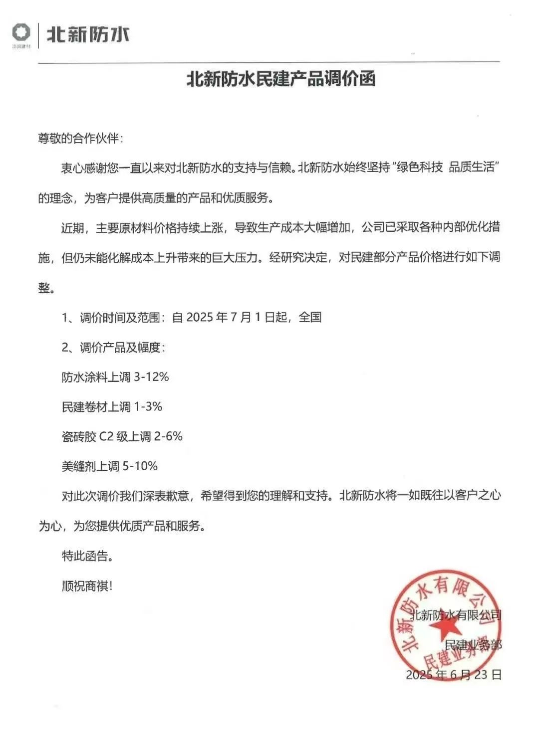 成本高压难顶!防水“三巨头”东方雨虹、科顺、北新齐发涨价函 第3张 成本高压难顶!防水“三巨头”东方雨虹、科顺、北新齐发涨价函 第3张