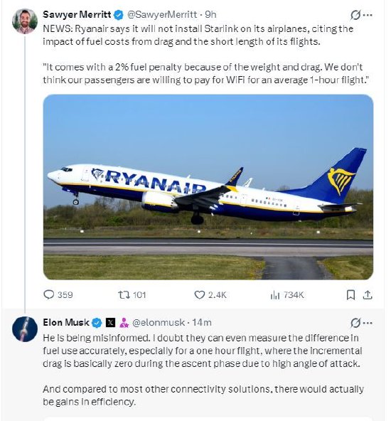 马斯克回应瑞安航空拒绝在其飞机上安装星链系统  第1张