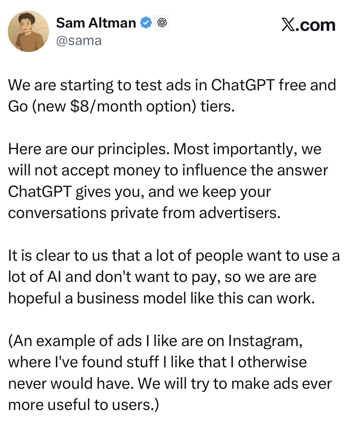 OpenAI等不起了?ChatGPT宣布加广告,用户不买账 第3张 OpenAI等不起了?ChatGPT宣布加广告,用户不买账 第3张